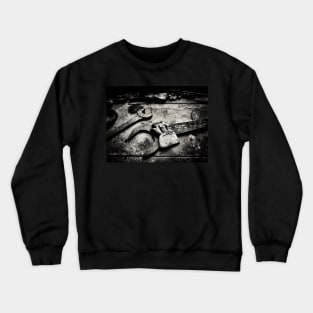 Industrial interior, old wrench and gloves, black and white Crewneck Sweatshirt